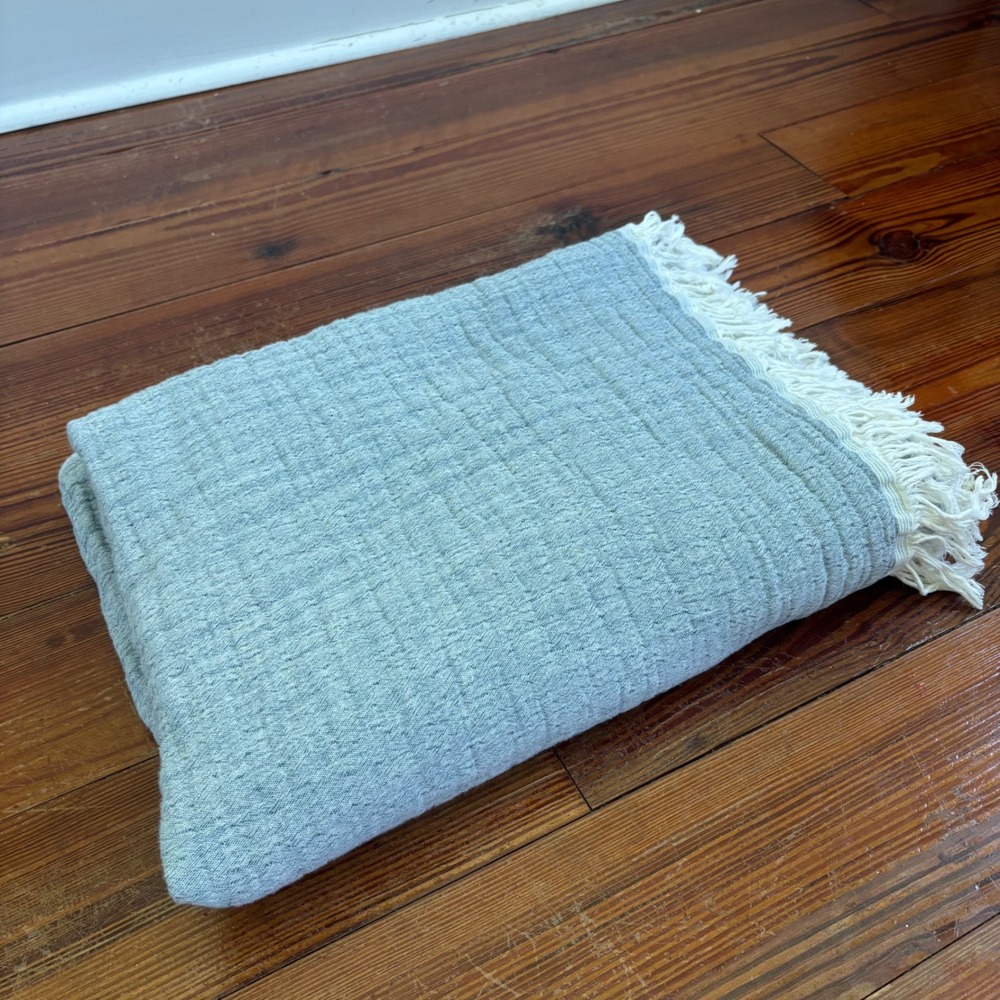 Texteis Penedo Home Fine Linen Reversible Throw Blanket Blue Green Fringe Cotton
